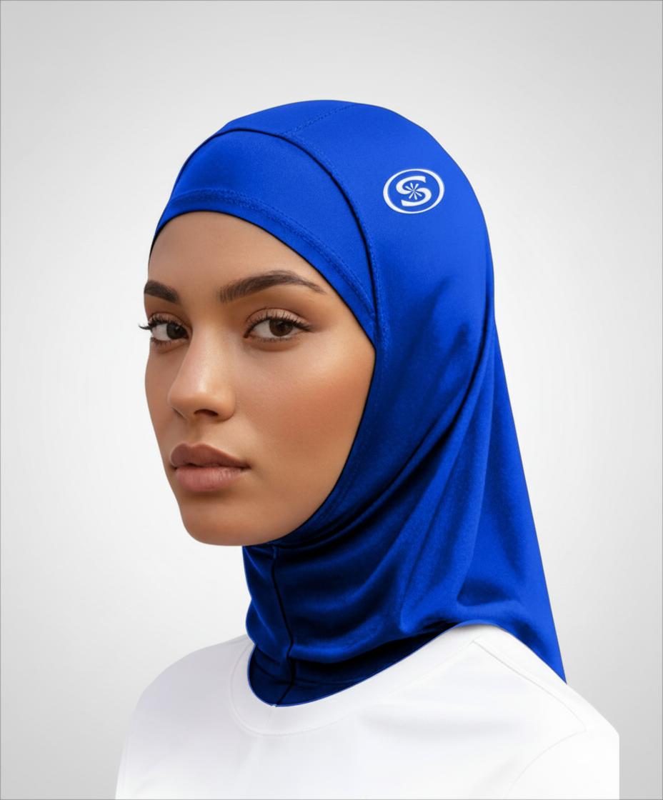 Blue hijab with both shoulders visible